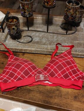 NWOT 32A Sexy Victoria's Secret red Plaid Padded Wirefree Bra With Bling Bling